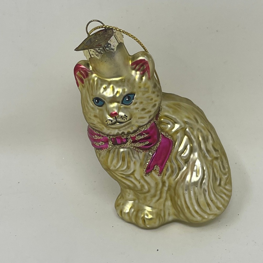 Thomas Pacconi Cat Christmas Ornament Mercury Glass Gold Pink Bow Vintage Style